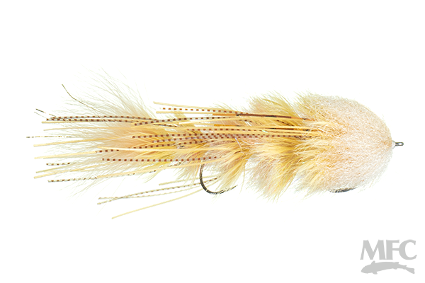 Schultzy's OG Leggy Boi Changer fishing lure featuring natural tan feathers and speckled details designed for musky fishing and fly fishing tackle.