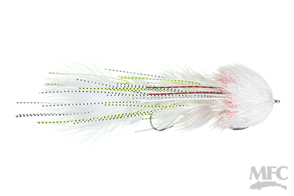 Schultzy's OG Leggy Boi Changer fishing lure with white and subtle yellow feathers, red accents, and a treble hook designed for musky fishing tackle applications.
