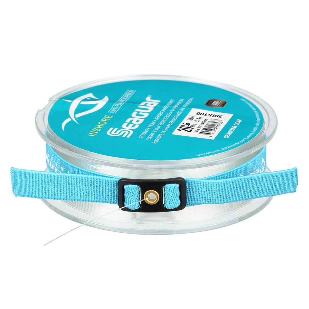 Clear spool of light blue fishing line secured with an adjustable fabric strap, labeled Evolution Line Wrangler - 5/pk, designed for fishing tackle and marine use.