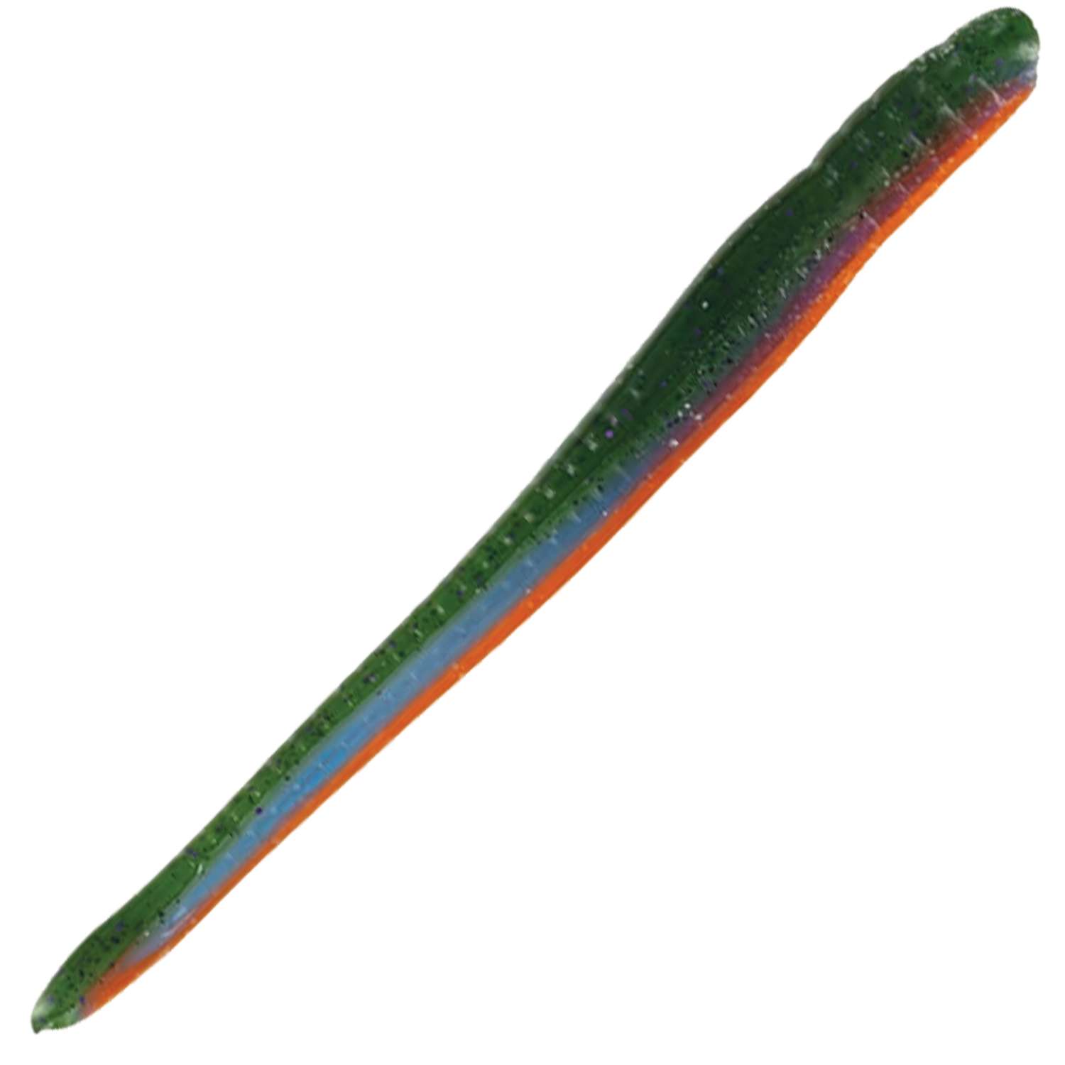Roboworm Fat Worm soft plastic fishing lure in green with orange and blue highlights, designed for use as fishing tackle in musky and other freshwater fishing.