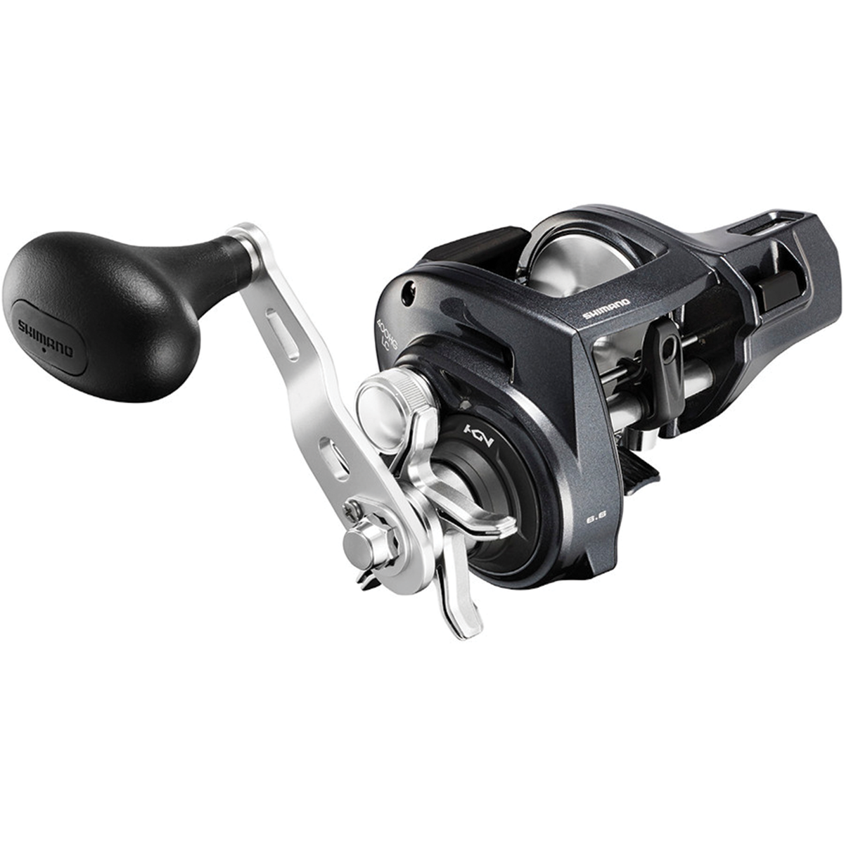 Shimano Tekota Line Counter 400 HGLCA fishing reel with black body silver handle and large power knob for freshwater and musky fishing tackle