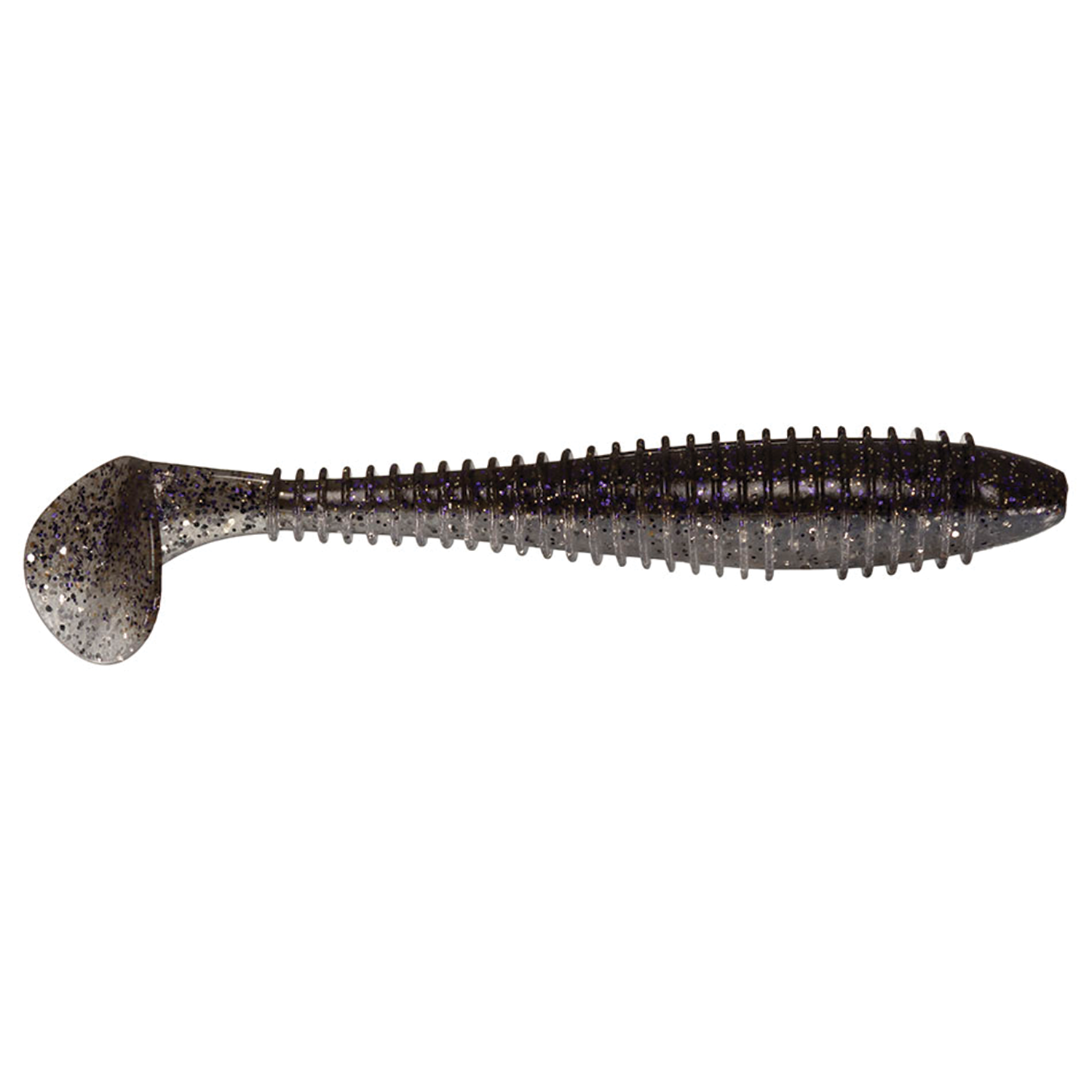 Keitech Fat Swing Impact 3.8" soft plastic fishing lure in dark translucent color with ribbed body and paddle tail, designed for enhanced movement in fishing tackle.