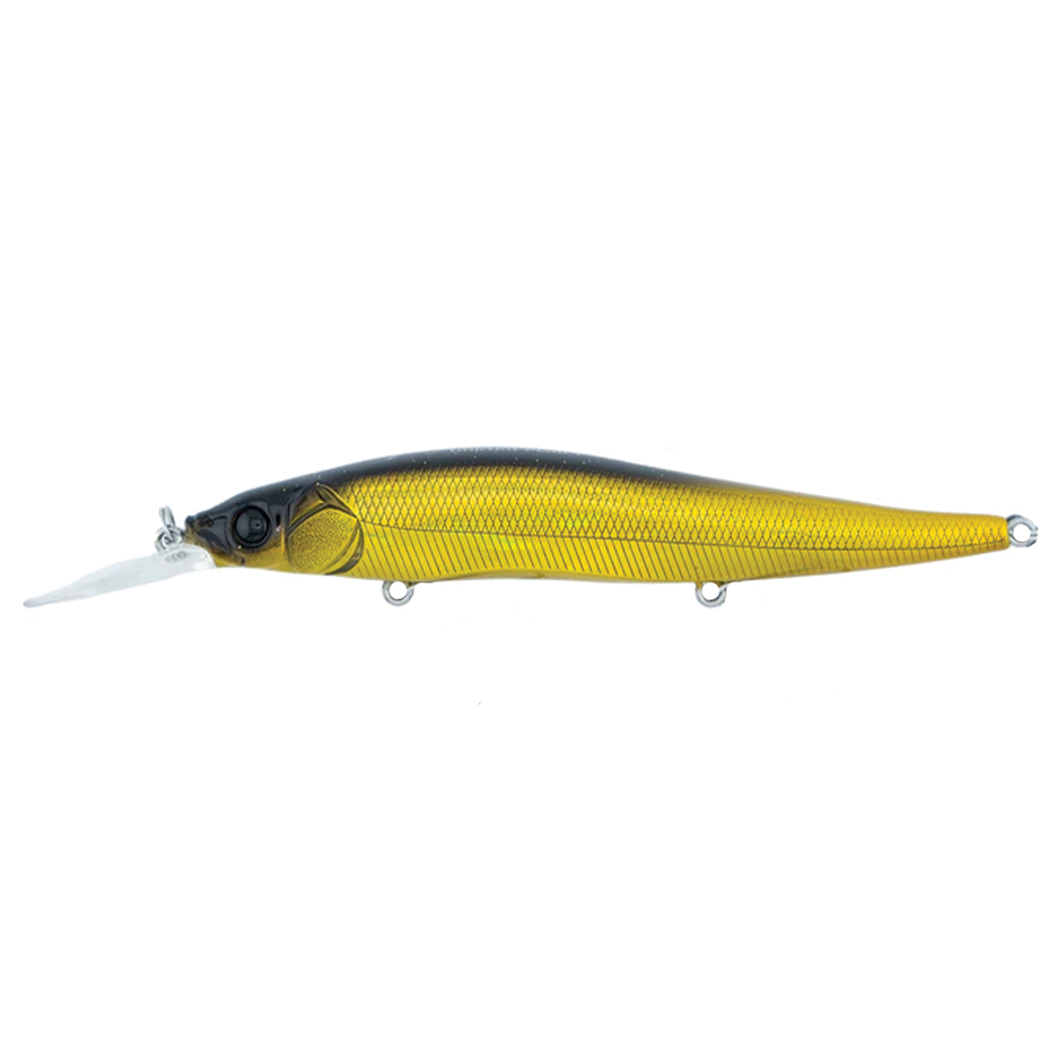 Megabass Vision 110+1 fishing lure in gold and black with detailed scale texture and angled lip designed for attracting musky and other game fish.