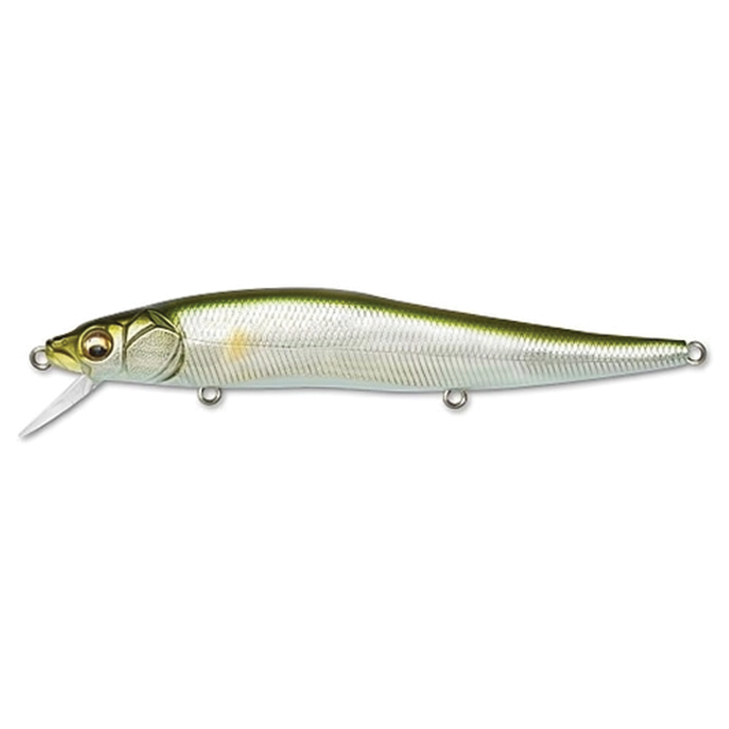 Megabass Vision 110 fishing lure in a realistic green and silver finish with a detailed body and clear diving lip designed for precision fishing tackle use.