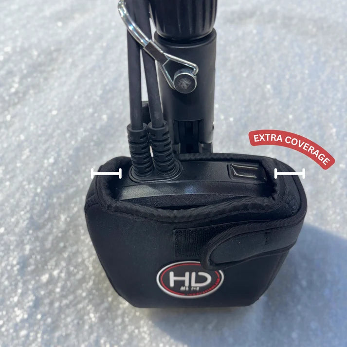 HD Innovations Transducer Cover - Neoprene black protective cover fitted around an ice fishing transducer for added protection on snowy ice