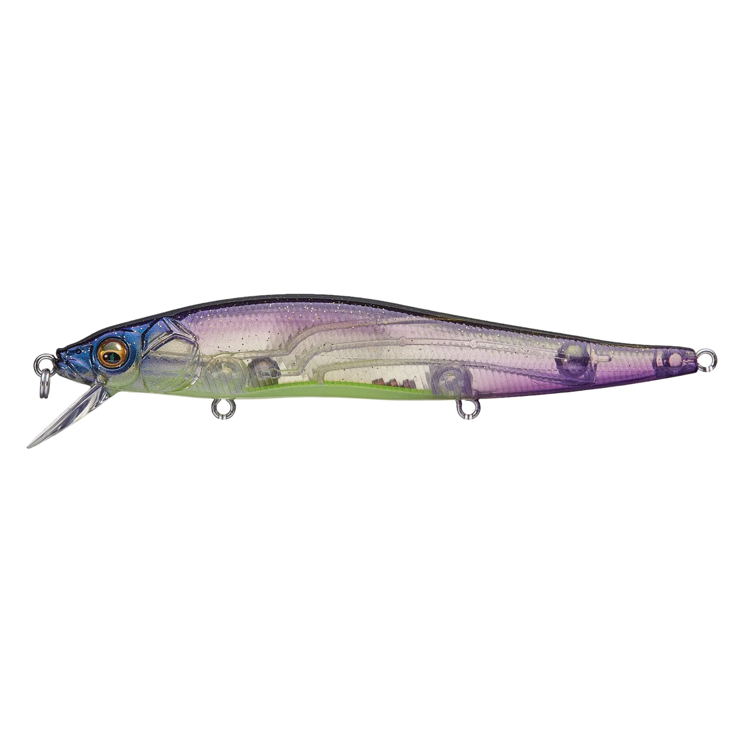 Megabass Vision 110 fishing lure with a translucent purple, green, and blue body, detailed eyes, and a small diving lip designed for precision movement in water.