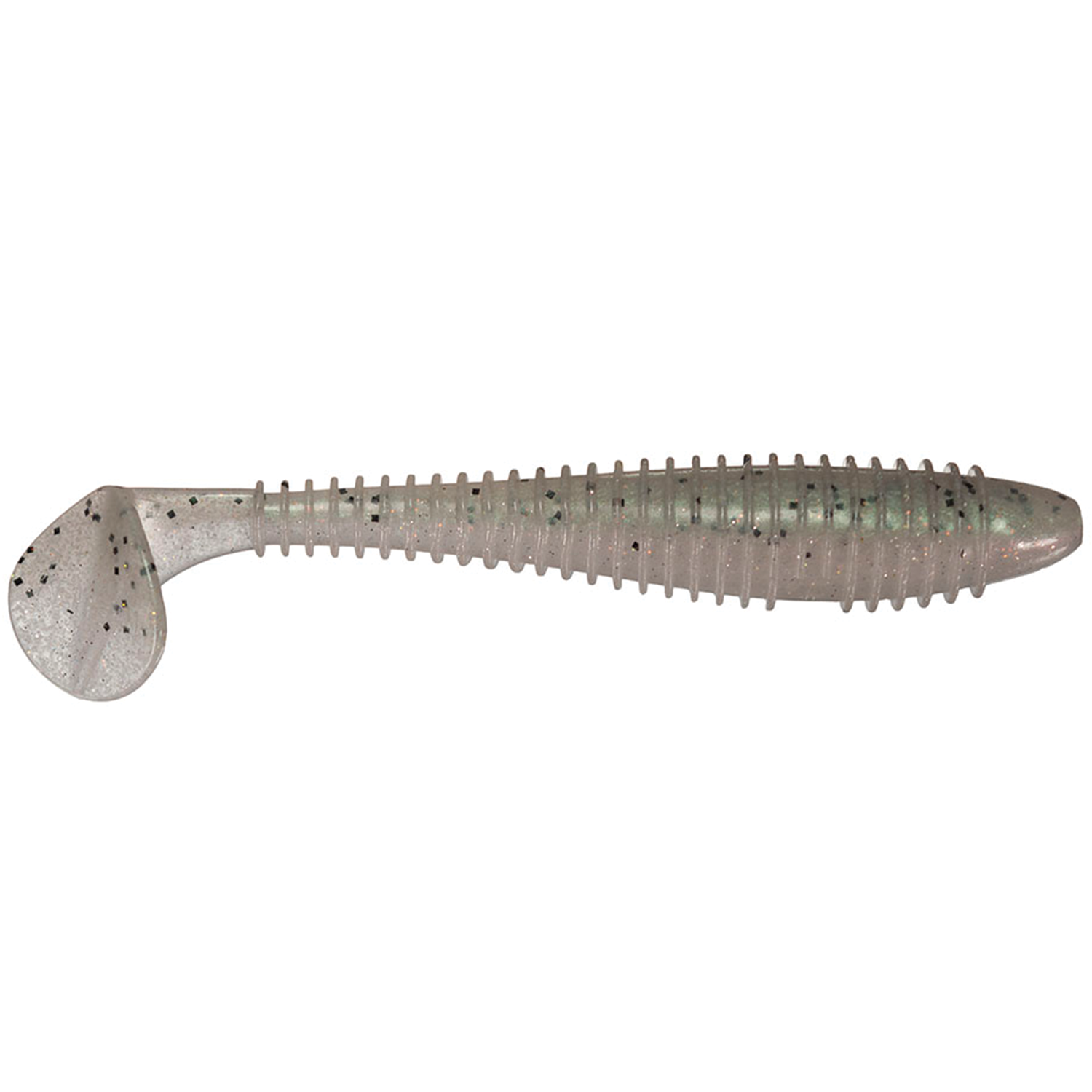 Keitech Fat Swing Impact 3.3" soft plastic fishing lure in translucent gray with black specks, designed for lifelike movement in fishing tackle applications.