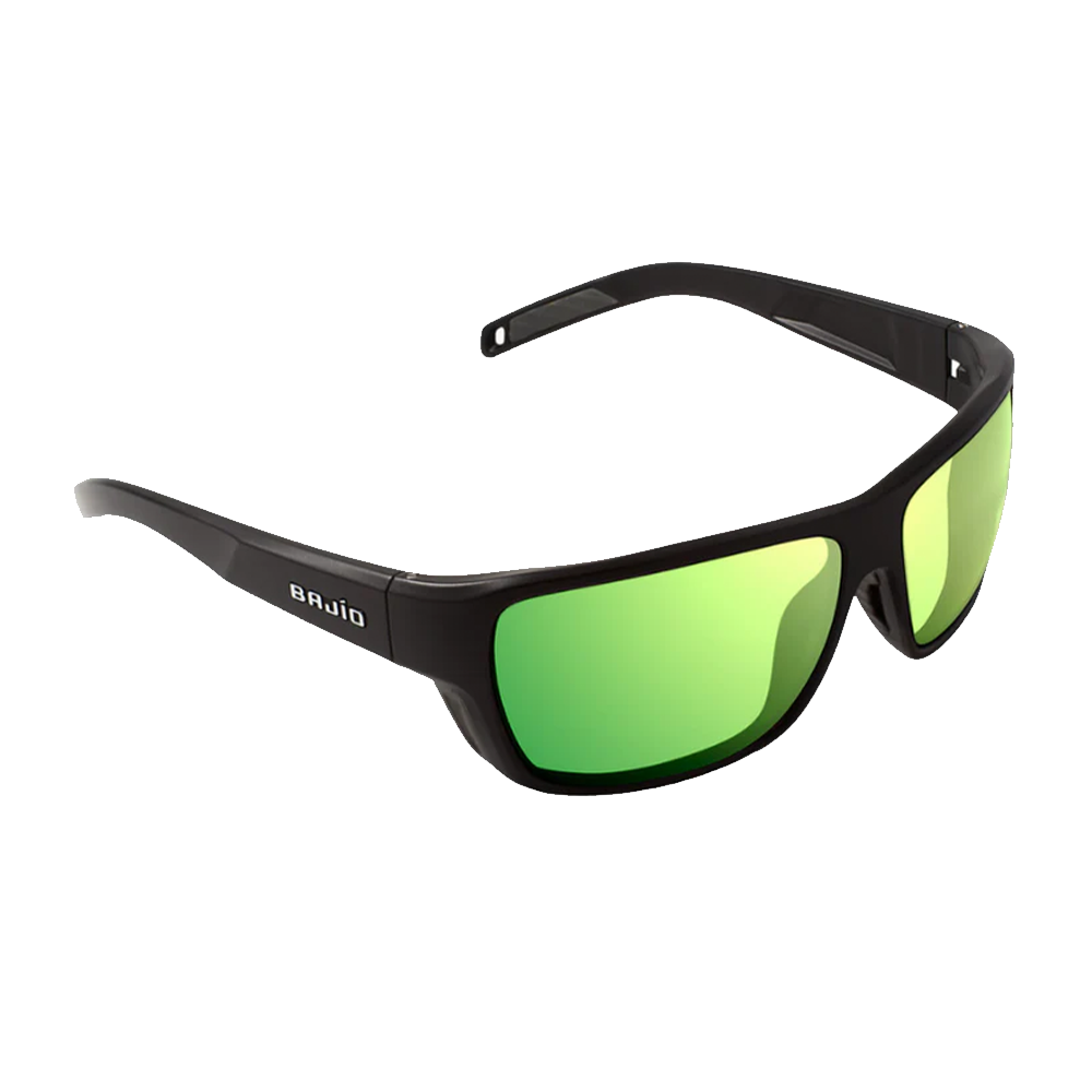 Bajio - Rigolets fishing sunglasses with black frame and green polarized lenses designed for outdoor fishing and water activities, enhancing visibility and reducing glare.
