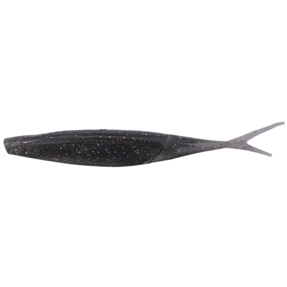 Yamamoto Hinge Minnow fishing lure in dark gray with subtle gold flecks, designed with a slender body and forked tail for lifelike movement in water.