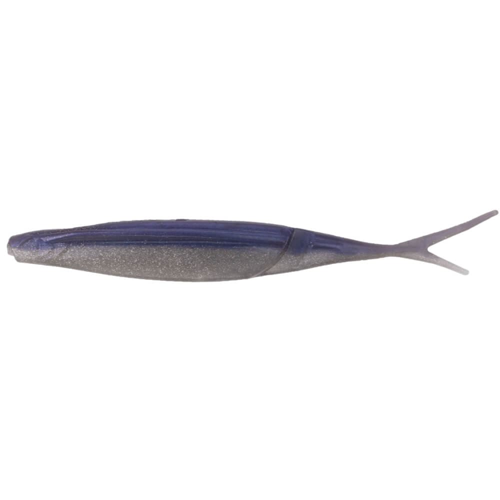Yamamoto Hinge Minnow fishing lure in blue and silver colors with a soft, segmented body and forked tail designed for realistic movement in water.