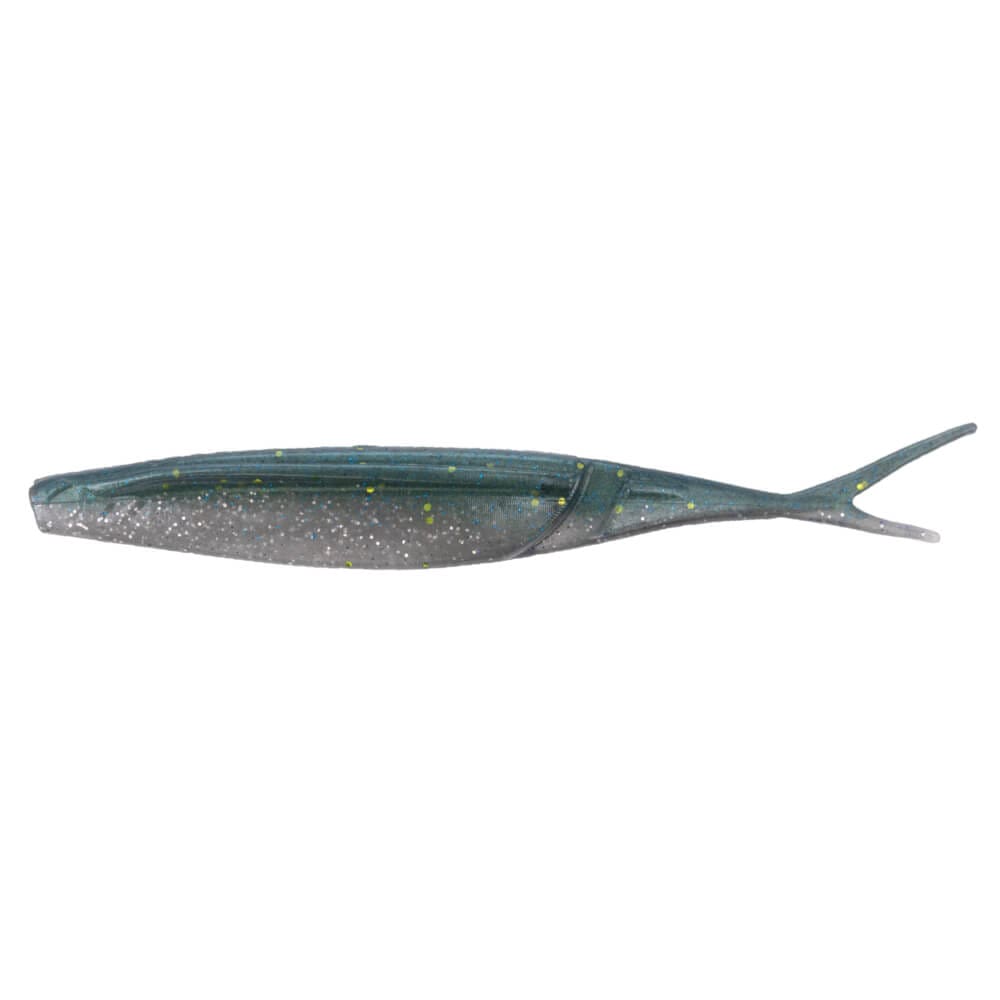 Yamamoto Hinge Minnow soft fishing lure in greenish-gray with speckled glitter and a forked tail, designed for effective freshwater fishing tackle.