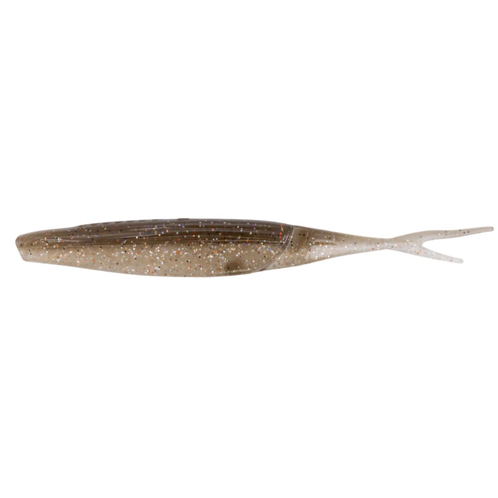 Yamamoto Hinge Minnow soft fishing lure in translucent brown with glitter flakes, designed for realistic movement in water to attract fish.