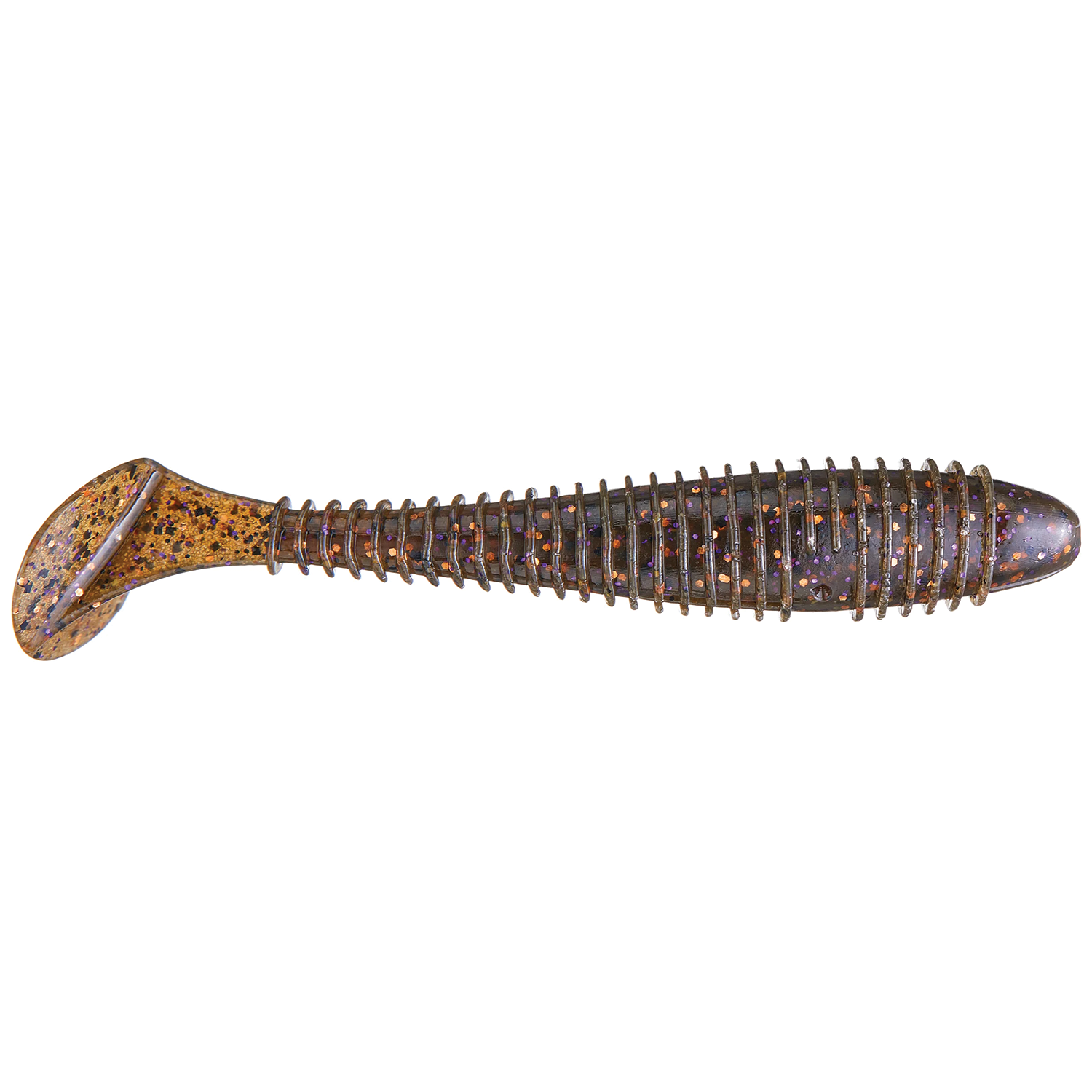 Keitech Fat Swing Impact 3.3" soft plastic fishing lure with ribbed body and paddle tail in speckled brown and purple colors, designed for lifelike movement in water.