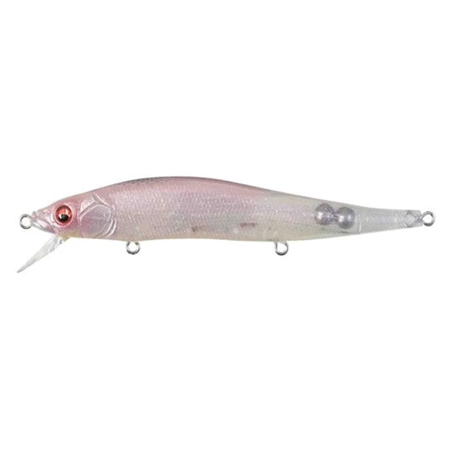 Megabass Vision 110 is a sleek, translucent fishing lure with a light pink hue, detailed eyes, and built-in internal weights designed for realistic movement in water.