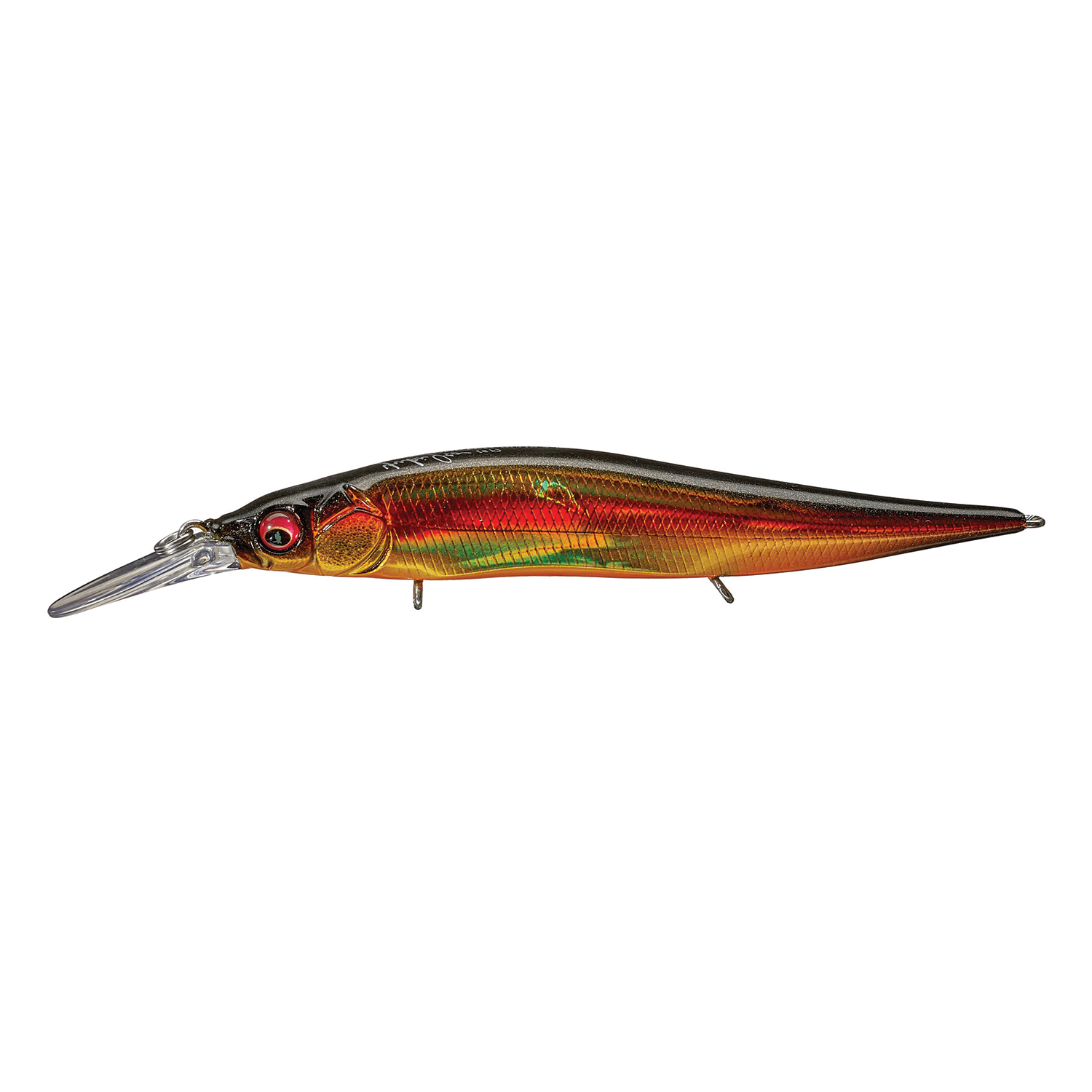 Megabass Vision 110+1 Jr. fishing lure with a sleek, elongated body featuring a metallic orange, red, and green finish and clear diving lip for deep water fishing.