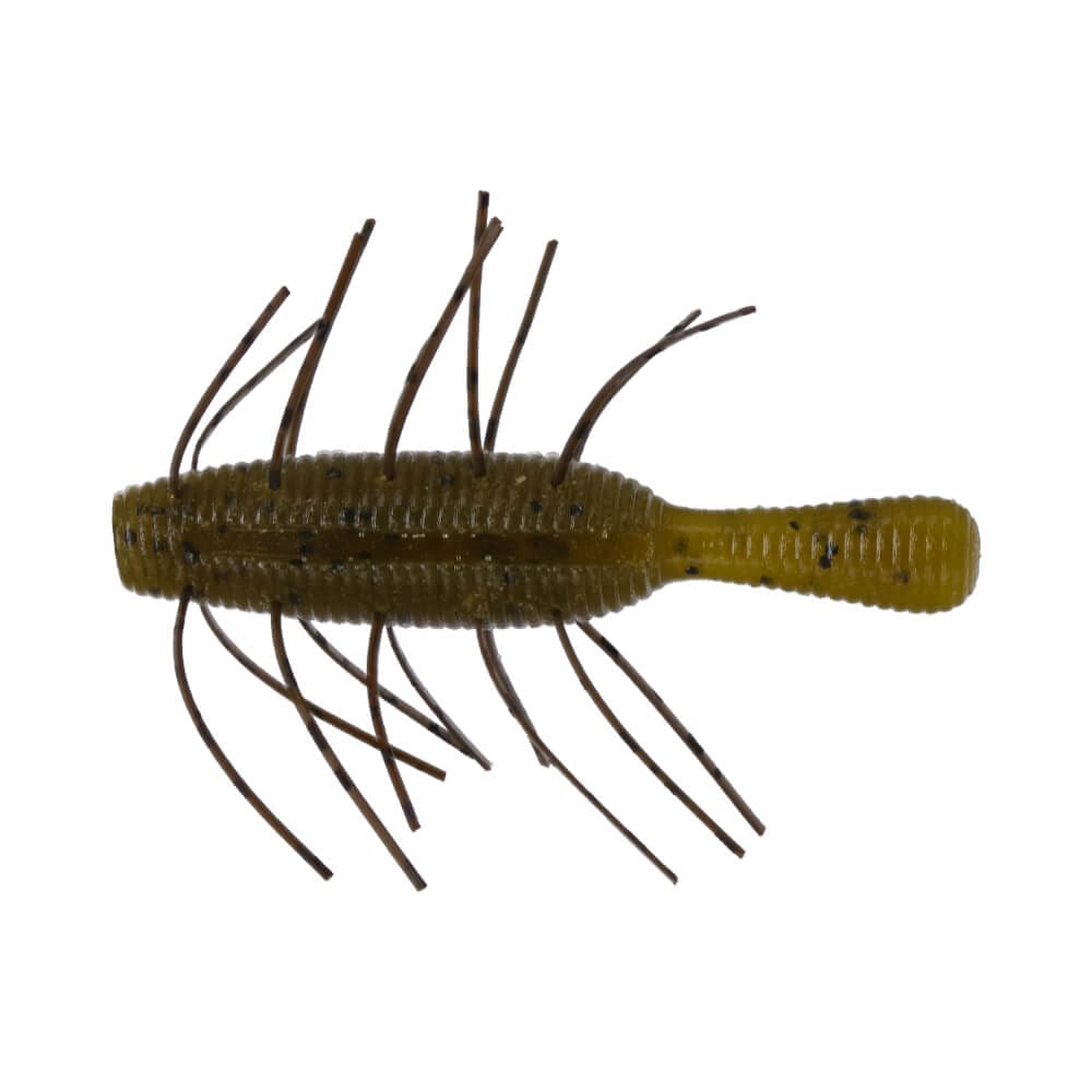 Close-up of a Yamamoto Fuzzy Nuki fishing lure in olive green with thin, flexible appendages designed to mimic natural prey for musky and other freshwater fish.