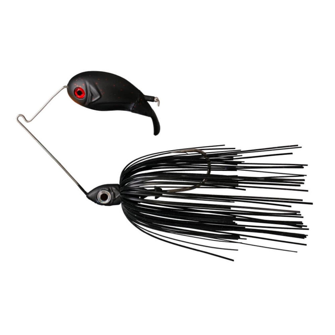 Buckeye Lures Bubbler Blade in black with red eye detail, featuring a curved blade and a skirted jig design, ideal for fishing tackle and musky fishing gear.