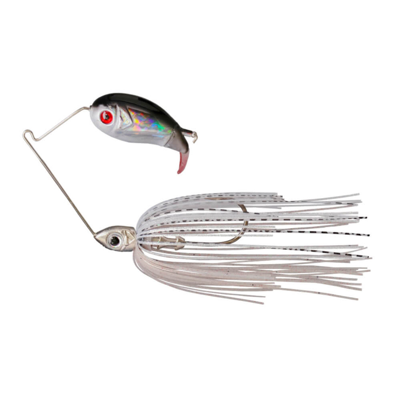 Buckeye Lures Bubbler Blade fishing lure with a shiny, reflective fish-shaped blade, red eye detail, and a white skirt with black speckles designed for musky fishing.