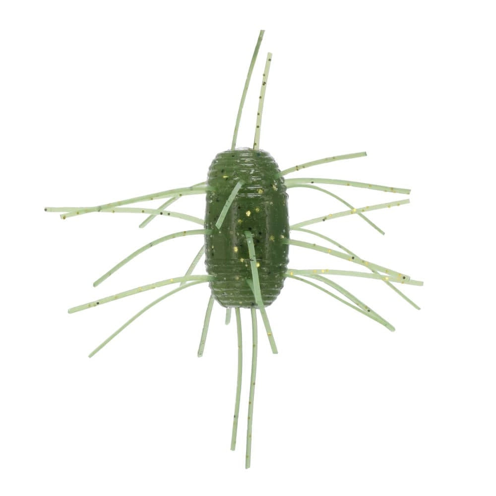 Yamamoto Fuzzy Nut fishing lure in translucent green with flexible leg-like appendages and small reflective flakes designed to attract fish.