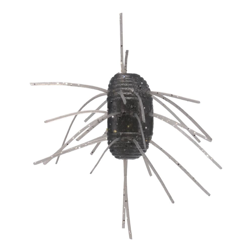 Close-up of a black Yamamoto Fuzzy Nut fishing lure with multiple soft, flexible appendages designed to mimic insect legs for effective fishing tackle use.