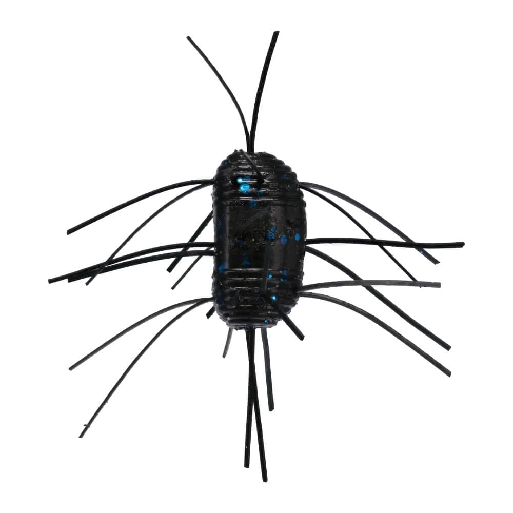 Close-up of a black Yamamoto Fuzzy Nut fishing lure with multiple rubber legs extending from its textured body, designed for musky and freshwater fishing tackle.