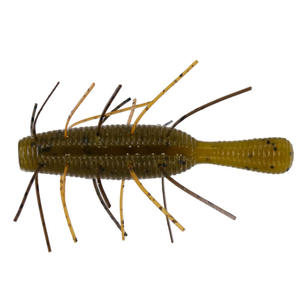 Close-up image of a Yamamoto Fuzzy Nuki fishing lure in olive green with segmented ridges and multiple flexible appendages designed to mimic natural prey for effective fishing tackle use.