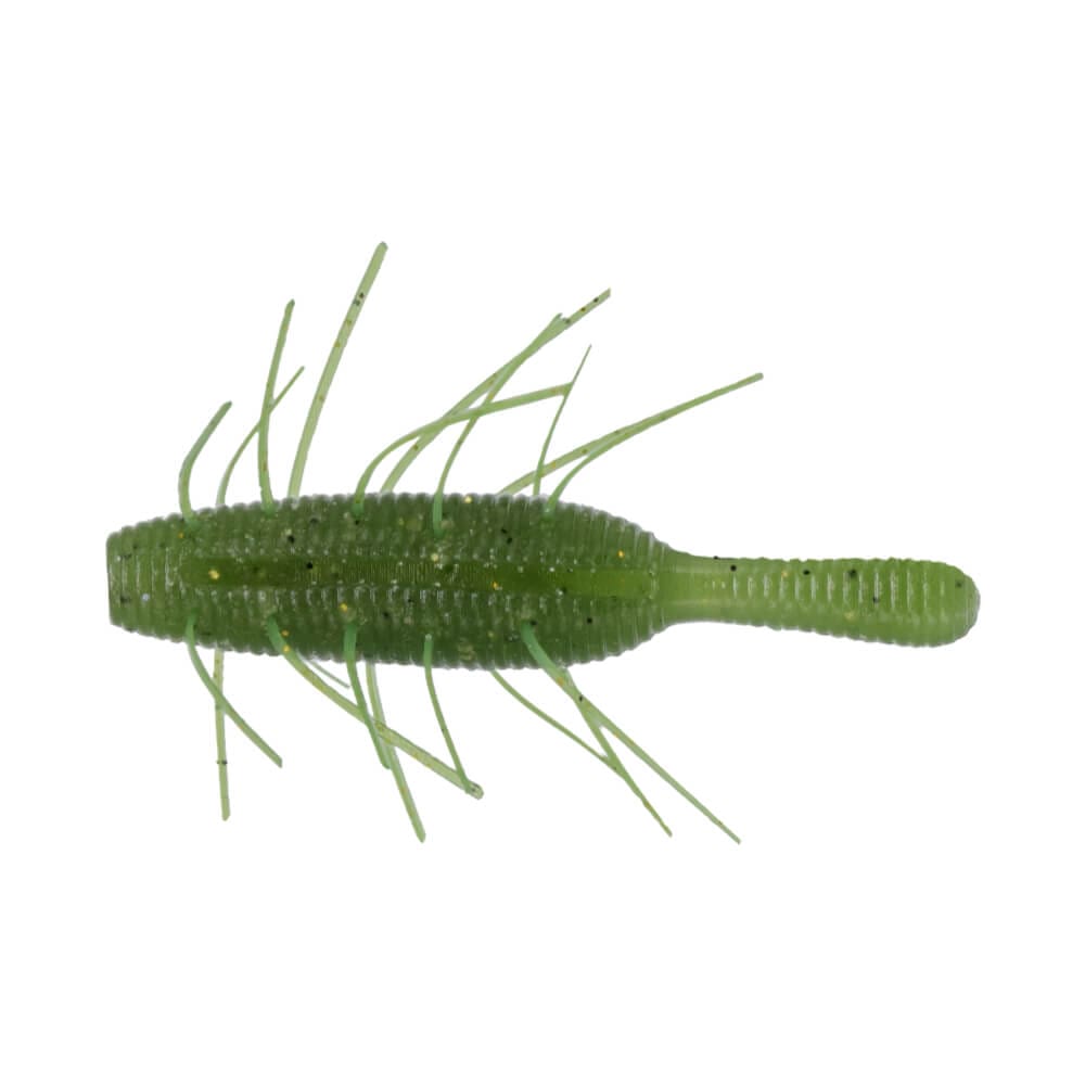 Green soft plastic fishing lure with multiple thin appendages and a ribbed tail, designed for attracting fish, shown isolated on white background, named Yamamoto Fuzzy Nuki.