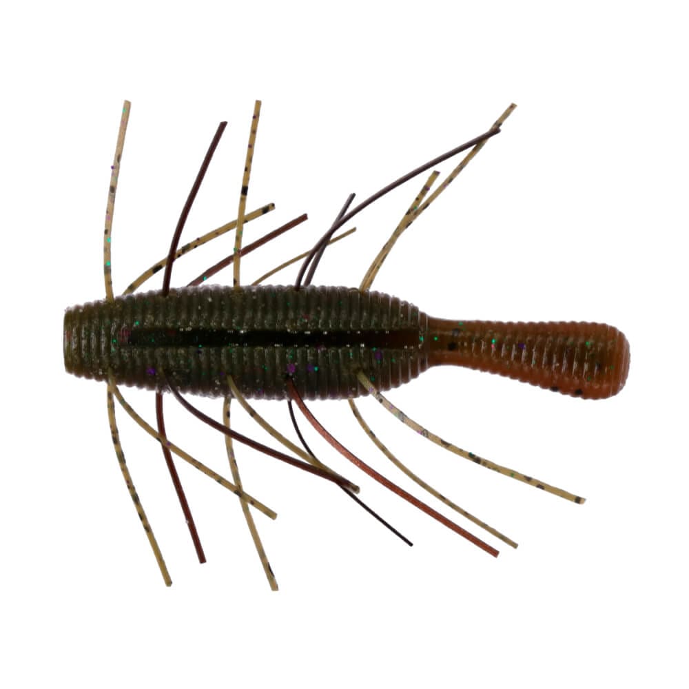 Close-up of a green and brown segmented Yamamoto Fuzzy Nuki fishing lure with multiple thin appendages designed for realistic movement in water.