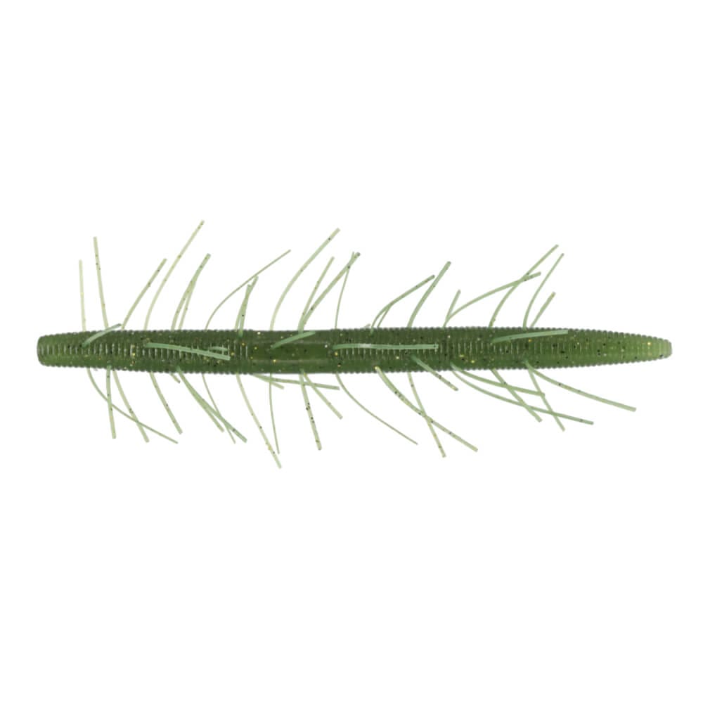 Yamamoto Fuzzy Senko 5" fishing lure in green with multiple thin appendages extending from a ribbed body, designed for realistic movement in water.