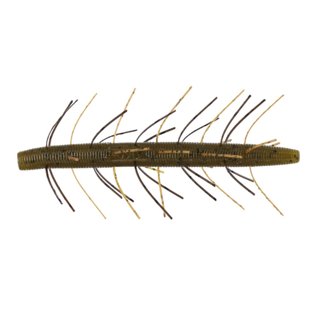 Yamamoto Fuzzy Senko 4" soft plastic fishing lure in olive green with flexible, hair-like appendages designed for lifelike movement in water.
