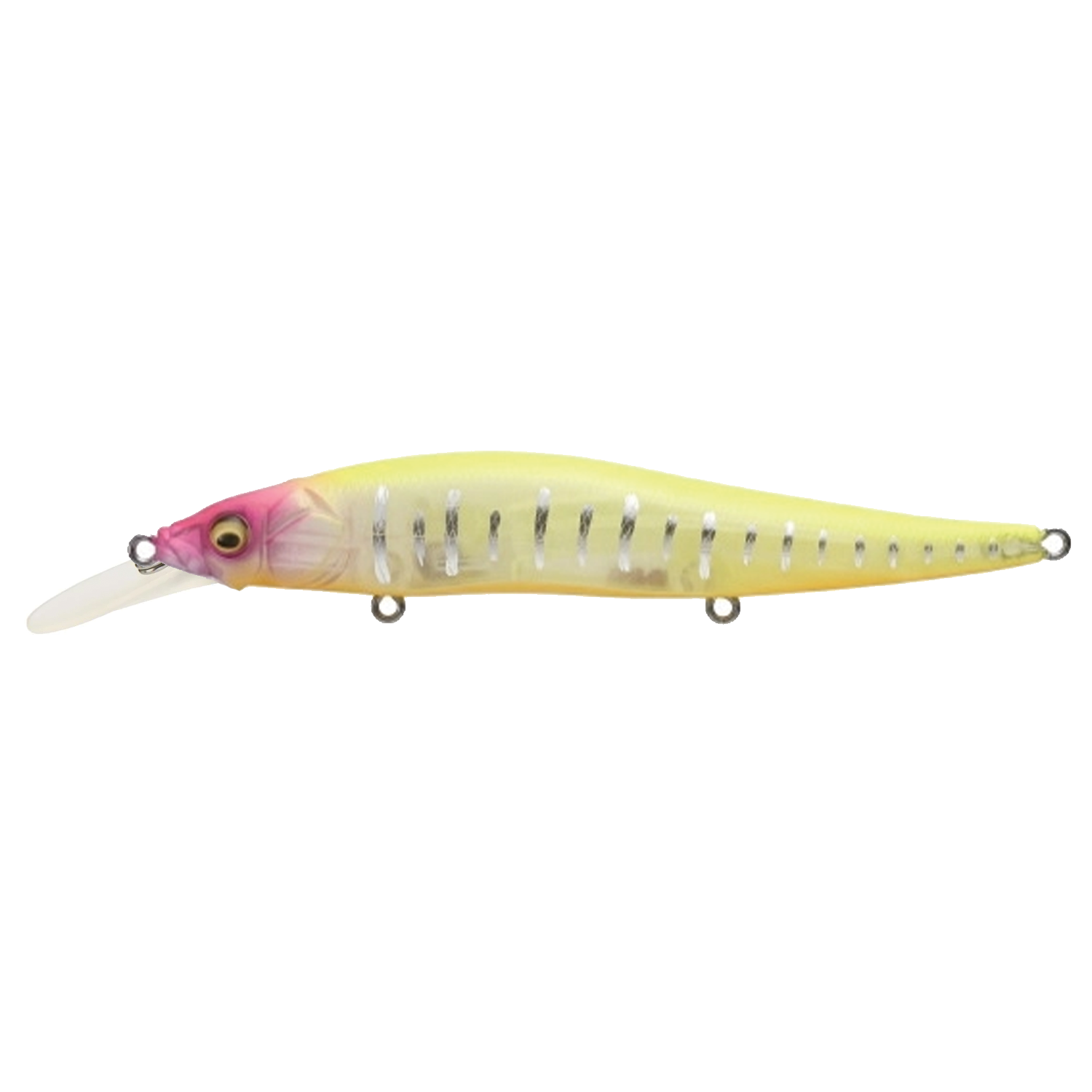 Megabass Vision 110+1 Jr. fishing lure in pale yellow with silver accents, detailed with a realistic eye and a diving lip for effective fishing tackle use.