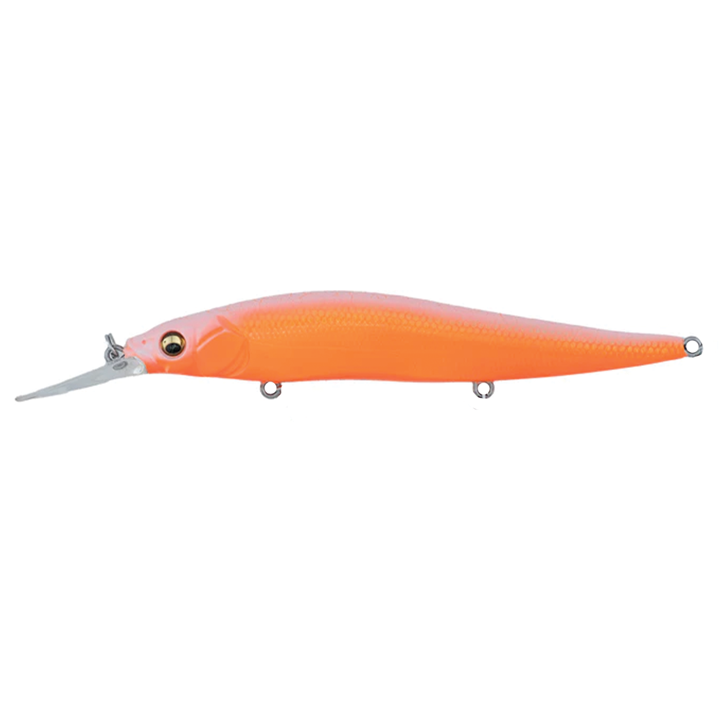 Megabass Vision 110+1 fishing lure in bright orange with a detailed fish-like body, clear diving lip, and multiple attachment points for hooks, designed for effective fishing tackle use.