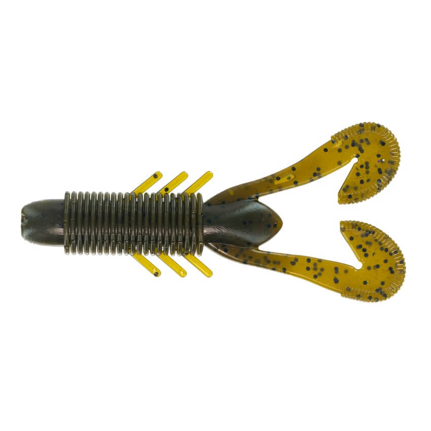 Big Bite Velo Craw fishing lure featuring textured ribbed body, two curled tail appendages, and segmented legs in greenish-yellow with black speckles for realistic water movement.