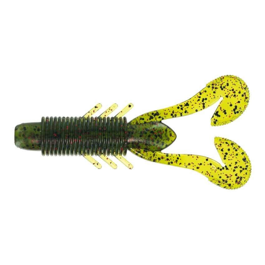 Soft plastic fishing lure in green and chartreuse with black and red speckles, featuring ribbed body and twin curly tails, designed as Big Bite Velo Craw for fishing tackle.