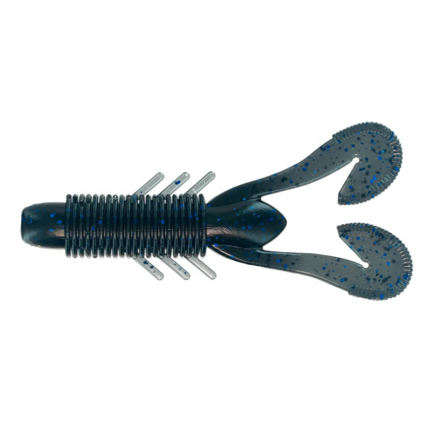 Big Bite Velo Craw fishing lure in a dark color with blue speckles, featuring a ribbed body and two curled claw-like appendages designed for freshwater fishing.