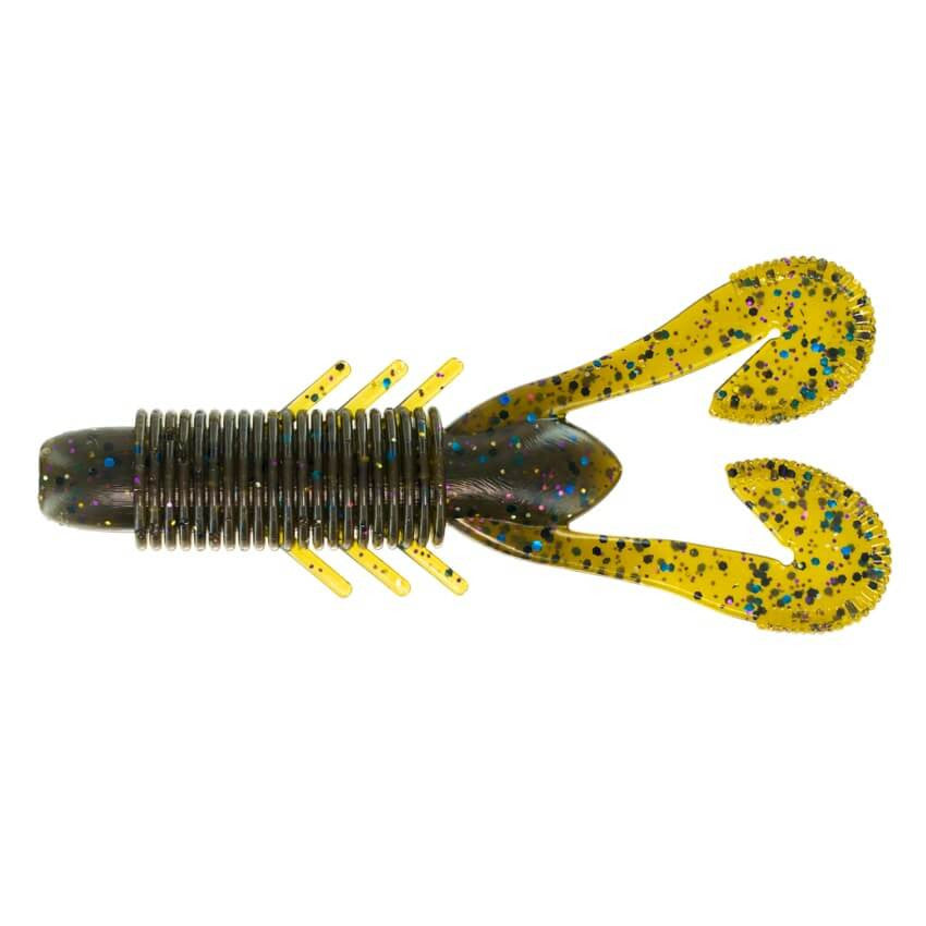 Big Bite Velo Craw fishing lure in green and dark colors with blue and red speckles, featuring ribbed body and two large curly tail appendages for realistic water movement.