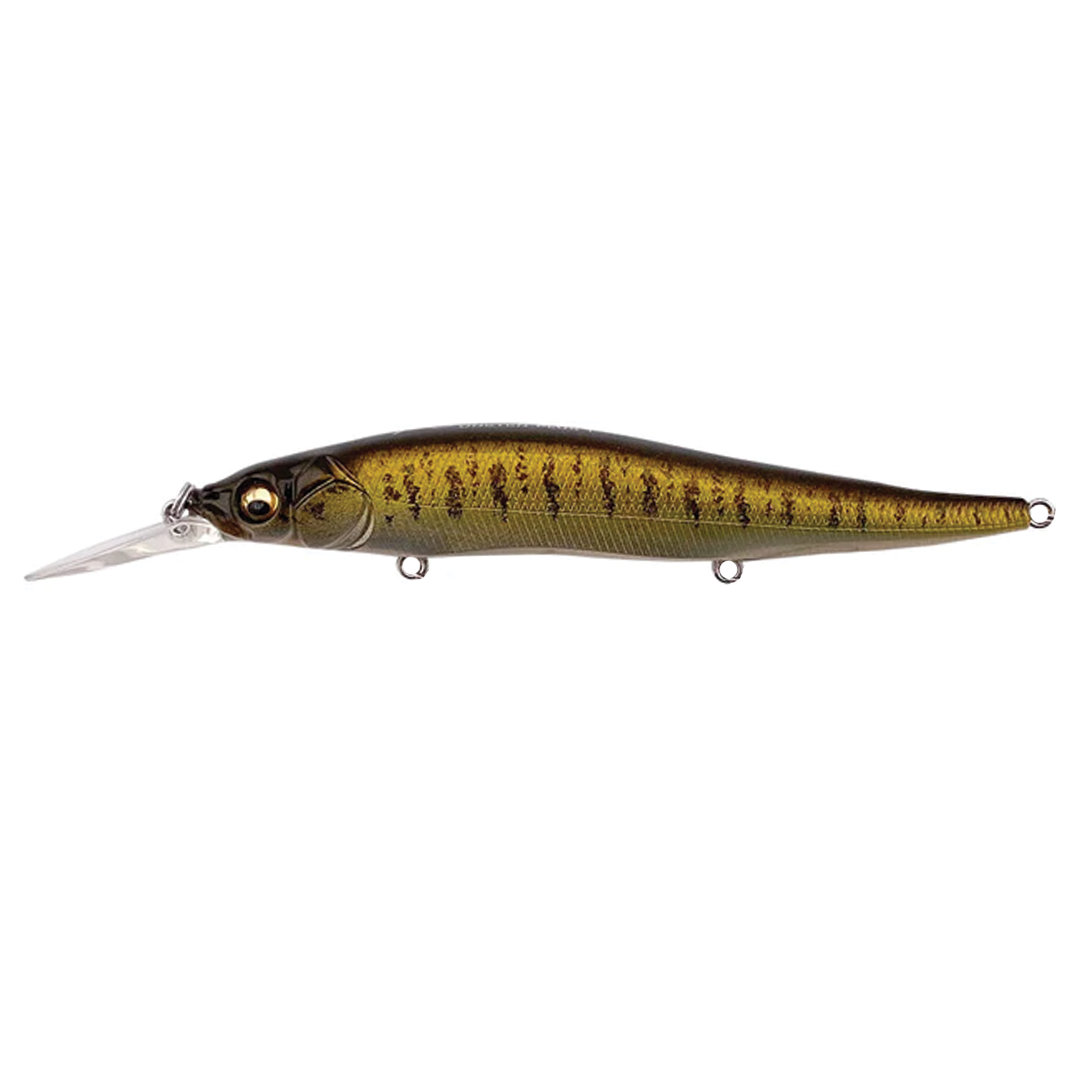 Megabass Vision 110+1 fishing lure with a sleek, elongated shape and realistic green and brown pattern designed for attracting musky and other game fish.