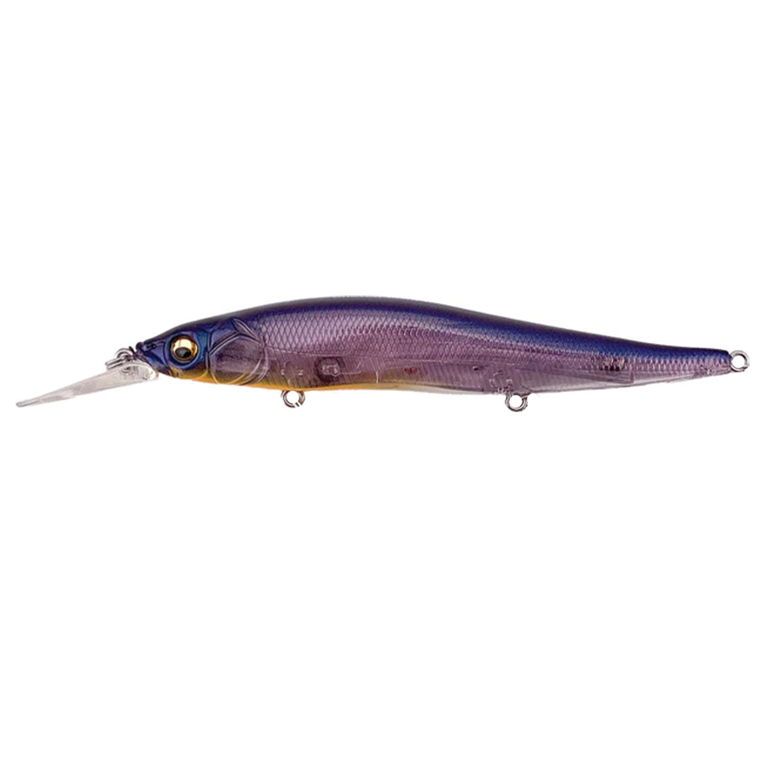 Megabass Vision 110+1 fishing lure in purple and silver with realistic fish scale texture, detailed eye, and clear diving lip designed for precise underwater movement.