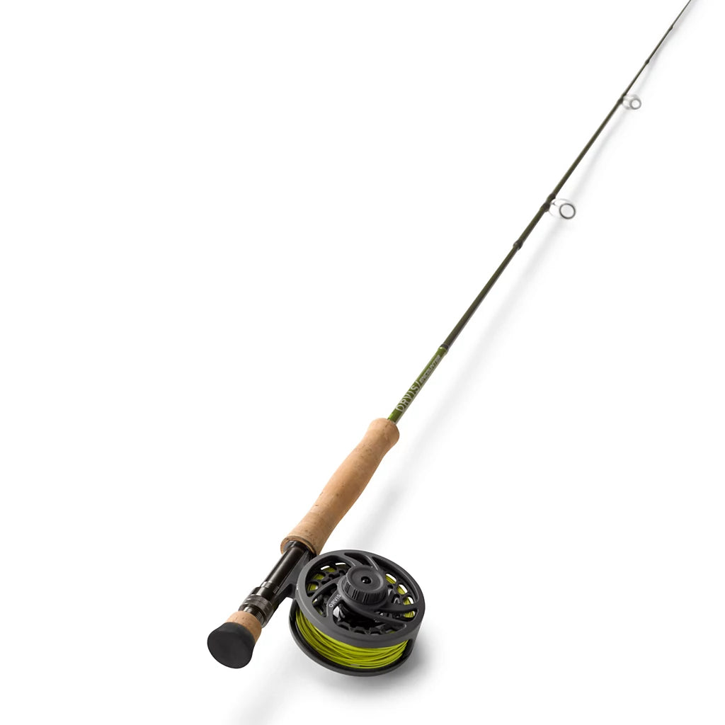 Orvis Encounter Outfit fly fishing rod and reel with a cork handle and black reel spool spooled with bright yellow fishing line, displayed on a white background.