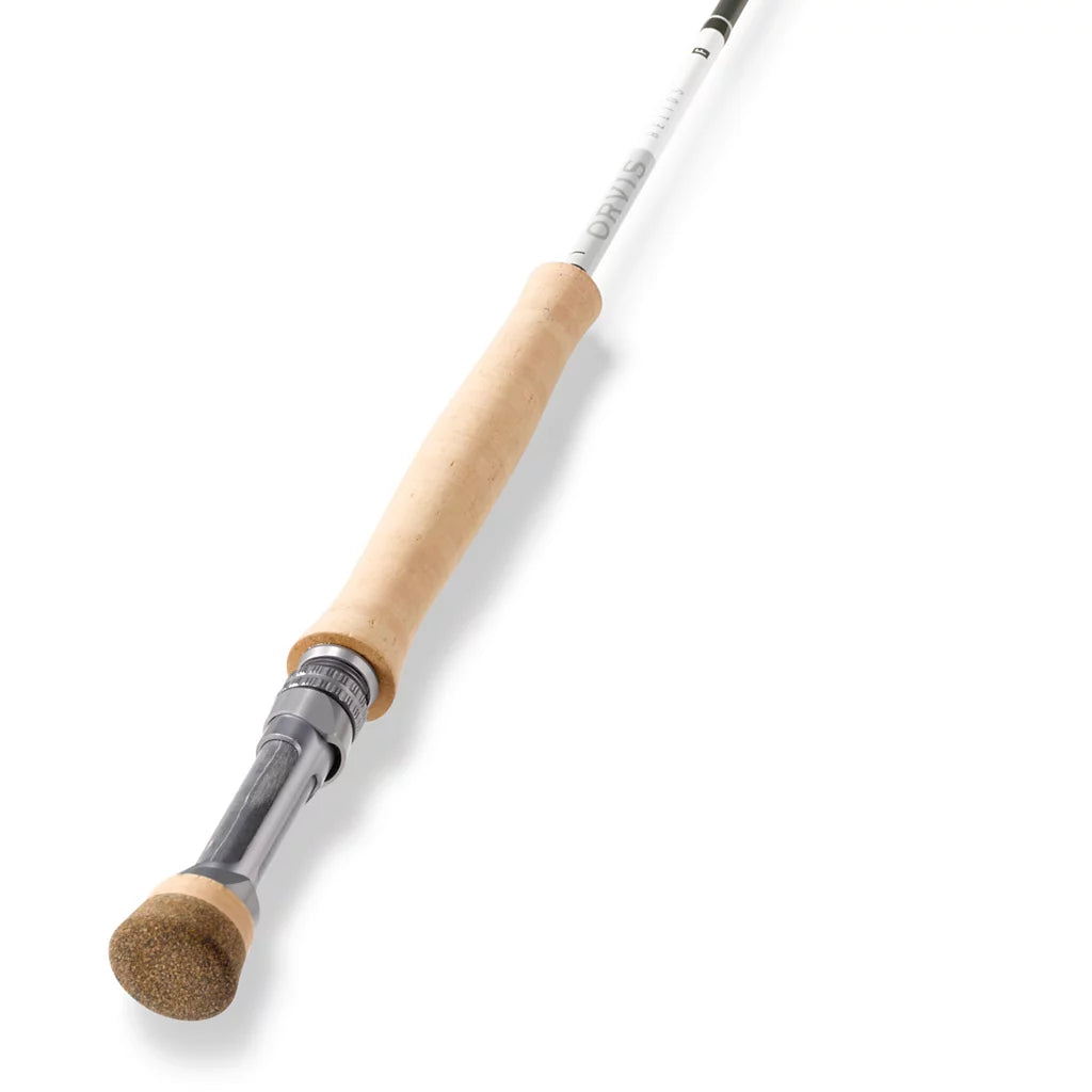 Orvis Helios F Fly Rod with a light-colored cork handle, sleek graphite reel seat, and white blank designed for precision and performance in fly fishing.
