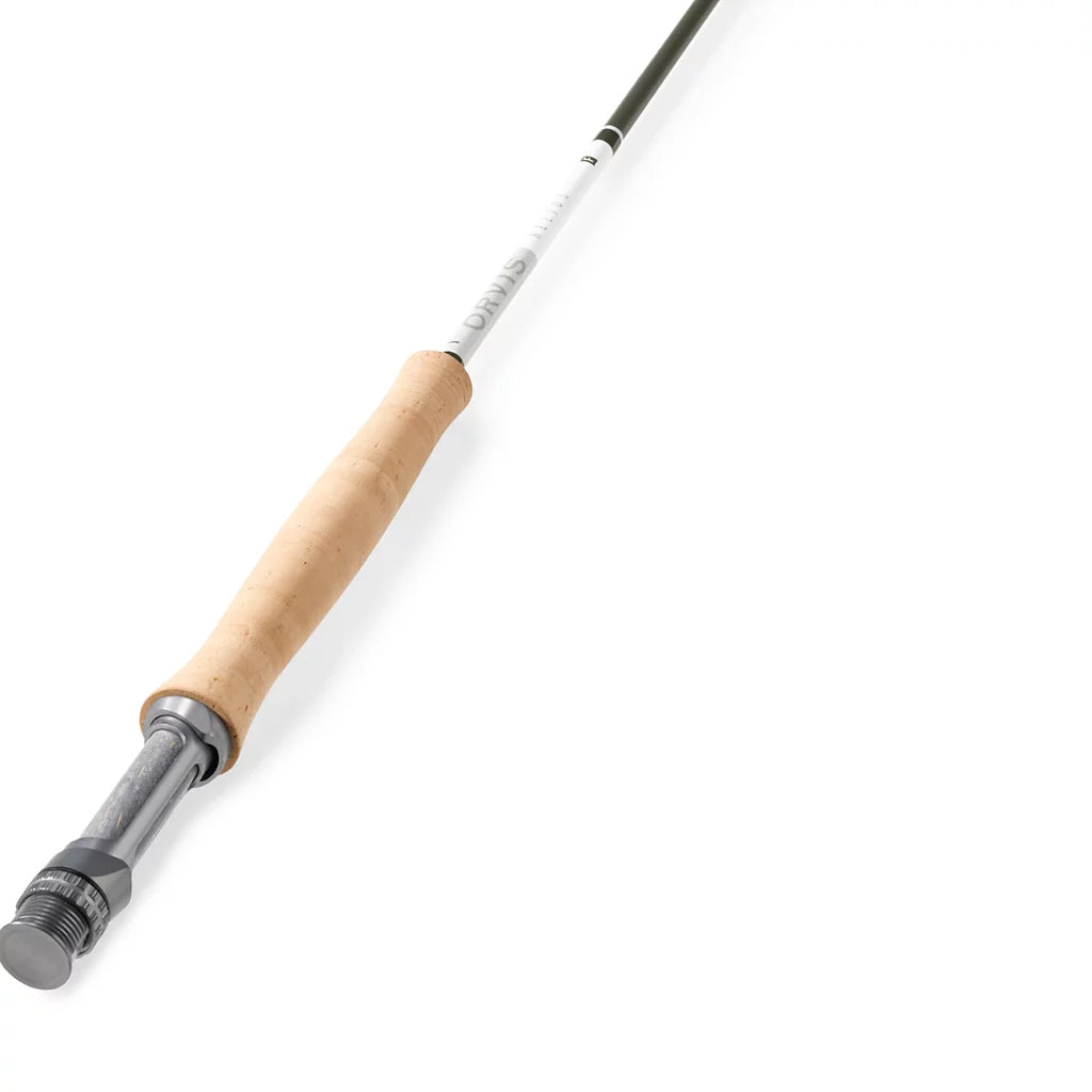 Orvis Helios F Fly Rod featuring a cork handle and sleek black and white finish, designed for precision fly fishing and enhanced angler control.