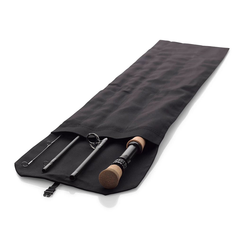Orvis Helios D Fly Rod shown partially disassembled inside a protective black fabric sleeve, highlighting the rod’s cork handle and multiple segmented sections for fishing tackle storage.