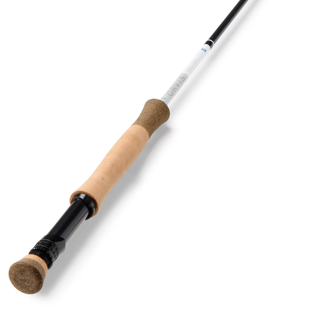 Orvis Helios D Fly Rod with a sleek black and white design featuring a cork handle and grip, designed for precision and comfort in fly fishing.