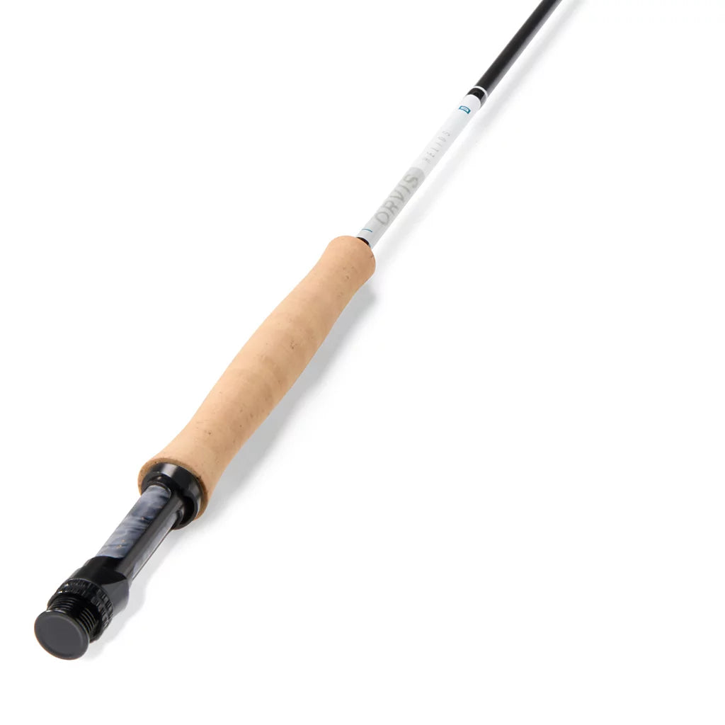 Orvis Helios D Fly Rod featuring a smooth cork handle and sleek black reel seat designed for precision fly fishing with lightweight, durable construction.