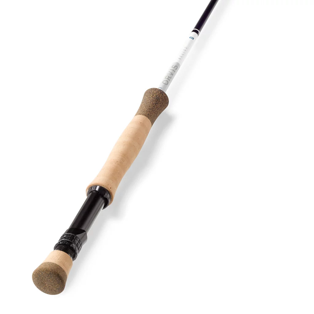 Close-up of the handle and part of the blank of an Orvis Helios D Fly Rod featuring a cork grip and black reel seat designed for precision fly fishing.