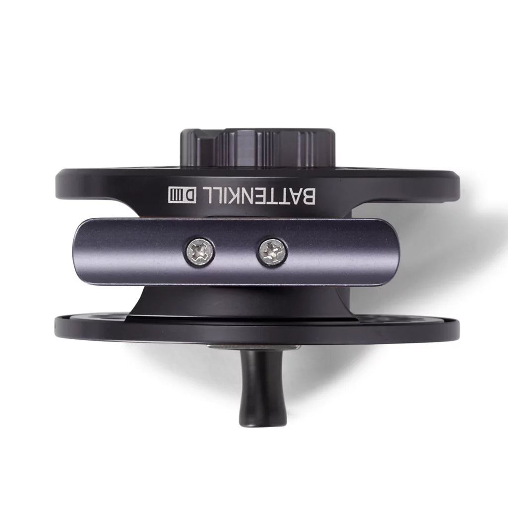 Orvis Battenkill Disk Fly Reel in black and dark gray, showing spool and tension knob, designed for fly fishing with durable metal construction and smooth drag system.