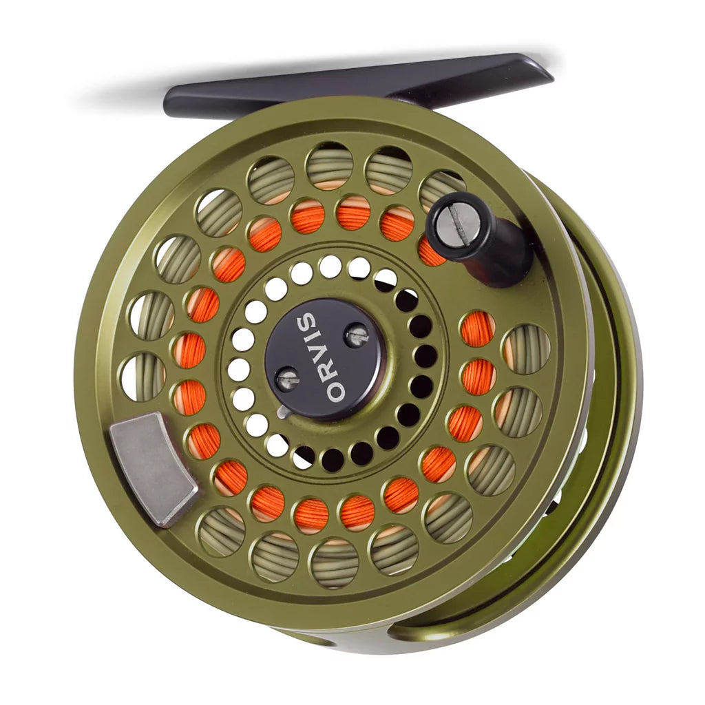 Orvis Battenkill Disk Fly Reel in olive green with bright orange fishing line, featuring a sturdy handle and ventilated spool design for smooth casting and durability.