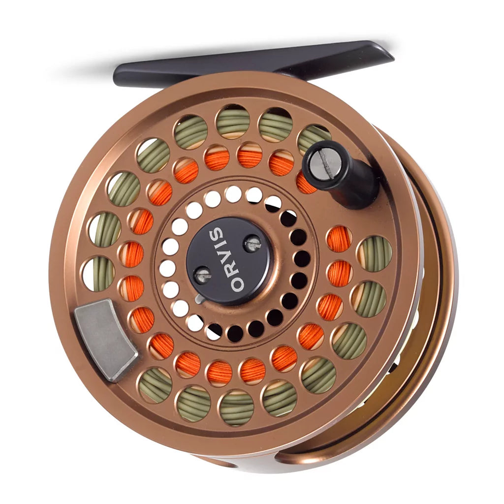 Orvis Battenkill Disk Fly Reel in bronze finish with perforated spool design, featuring orange and green fly line, ergonomic handle, and durable construction for fishing tackle.