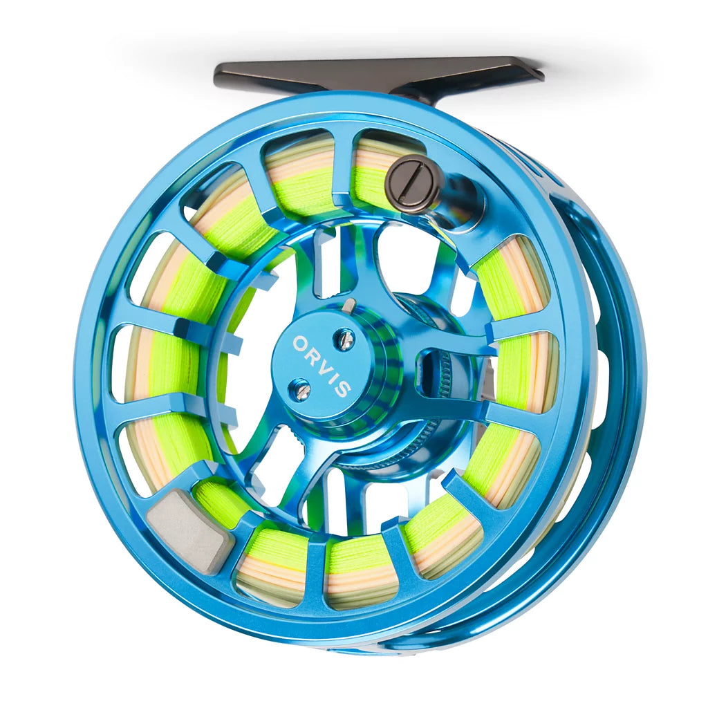 Orvis Hydros Fly Reel in vibrant blue with spool wound with bright yellow-green fishing line, designed for precision and durability in fly fishing tackle.