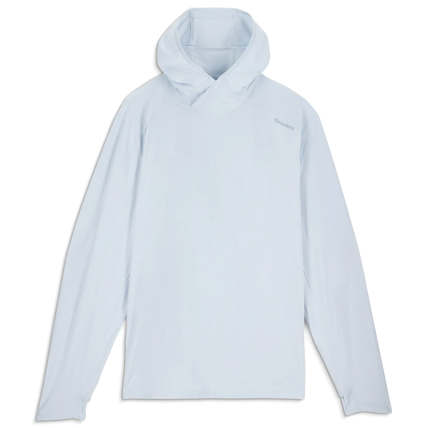 Simms SolarFlex Hoody - Men's (New 2026) in light blue, featuring a long-sleeve design, lightweight fabric, integrated hood, and subtle logo, ideal for fishing and outdoor activities.